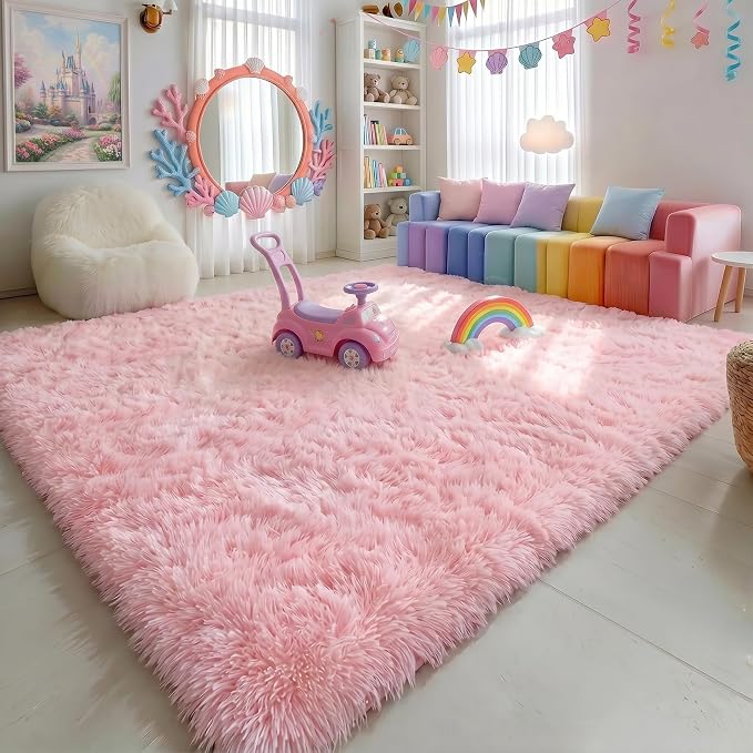 Amdrebio Pink Rugs for Girls Bedroom, 9x12 Large Fluffy Area Rugs for Living - Image 4