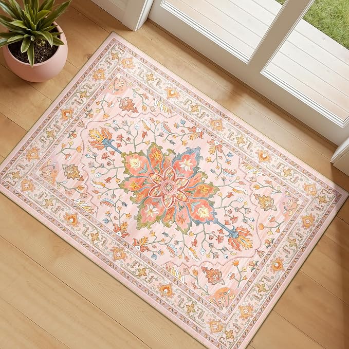 RELEANY Area Rugs Small 2'x4' Washable Non-Slip, Floral Vintage Distress by RELEANY