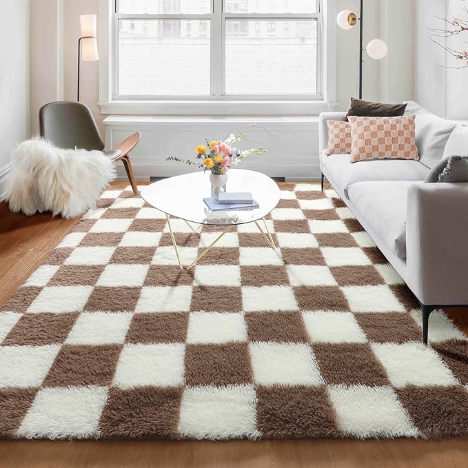 KICMOR Living Room Rug 5x8 Brown and Cream White, Large Fluffy Shag Fuzzy by KICMOR