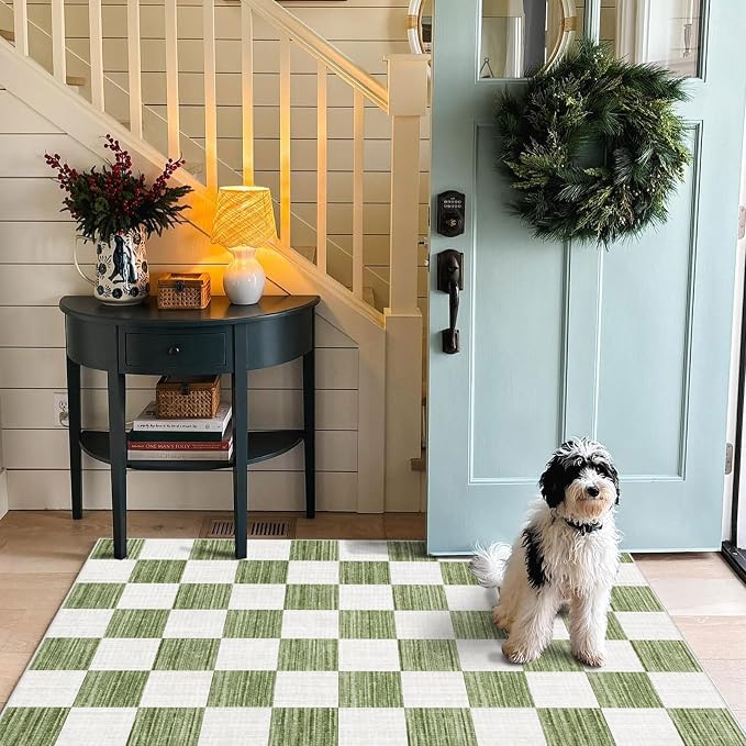 Green White Checkered Entry Rug - Image 8