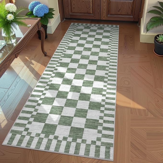 GarveeHome 2×6 Kitchen Runner Rug Non Slip, Sage Green Checkered Rug, Washable - Image 9