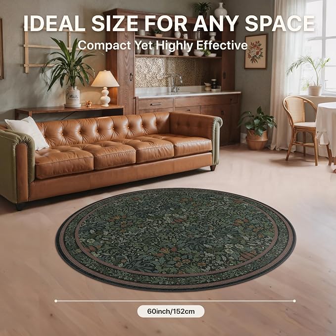 GENIMO Washable 5ft Circle Rug, Vintage Dark Green Floral Round Carpet - Image 6