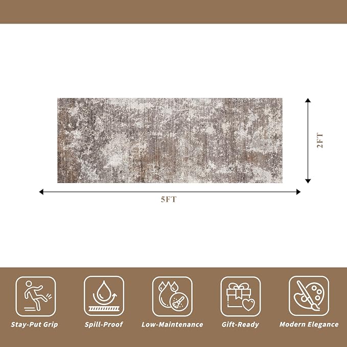 2x5 Washable Kitchen Rug Runner – Non-Slip Abstract Modern Neutral Small Rug - Image 2
