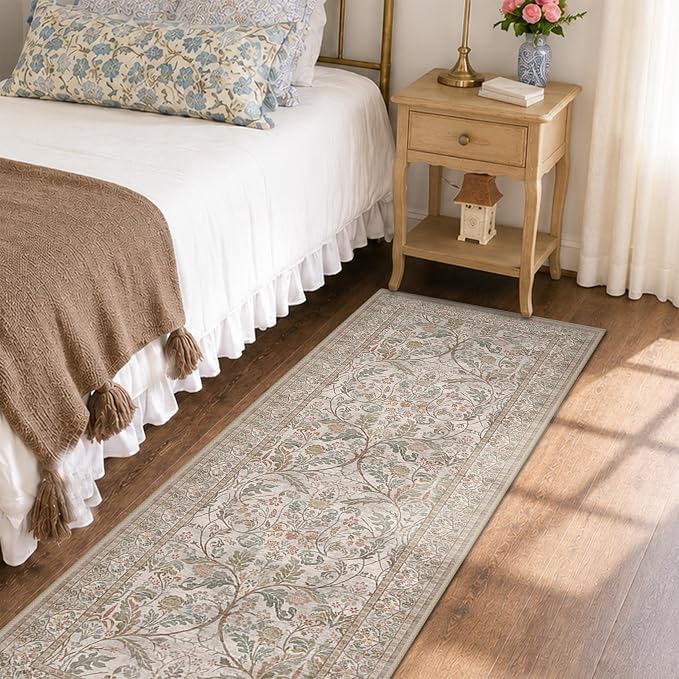 Vintage Floral Moss 2x6 Bedroom Runner Rug Non Slip by Evyhood