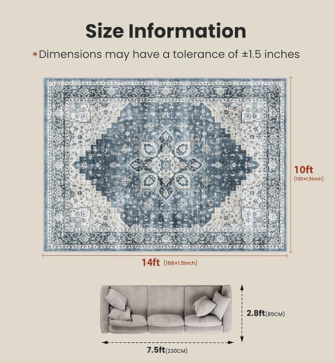 AMADA HOMEFURNISHING 10x14 Washable Area Rug, Low-Profile Large Area Rug - Image 2