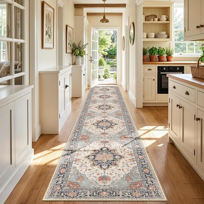 RELEANY Area Rugs Runner 3'x20' Washable Non-Slip, Floral Vintage Distress by RELEANY