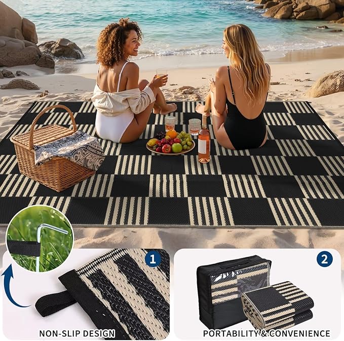 Garvee Waterproof Outdoor Rug 10x20, Checkered Foldable Plastic Straw Patio - Image 2
