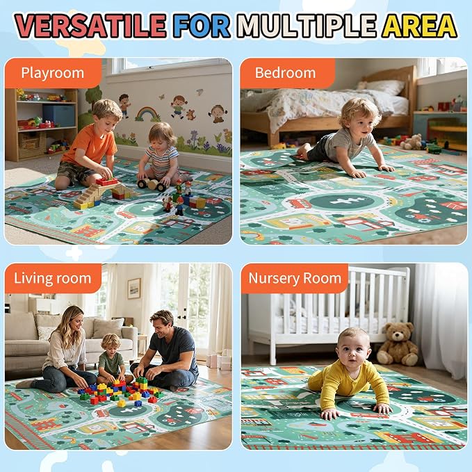 UKISS Educational Play Rug，55"x55" Traffic Road Kids Car Mat, Non-Slip Washable - Image 7