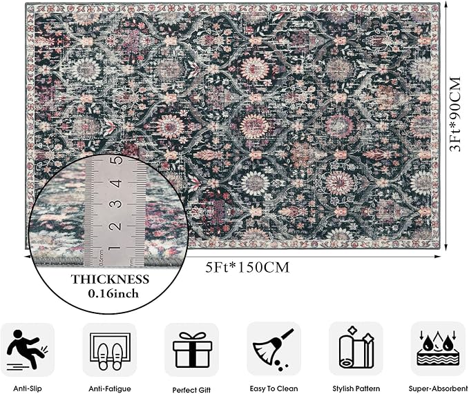 Lahome Moroccan Trellis Washable Small Area Rug, 3x5 Black Rug - Image 2