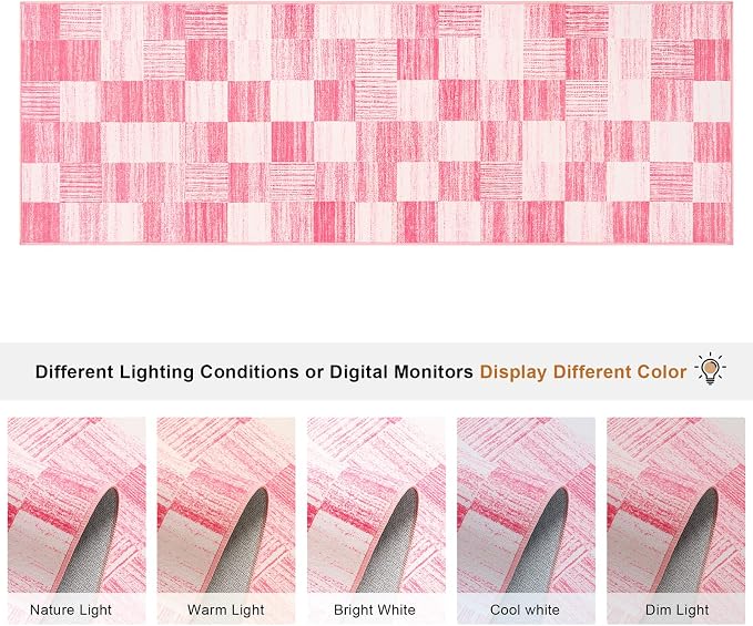 Terrug Pink Runner Rugs for Kitchen, 2x6 Checkered Area Rug Washable - Image 4