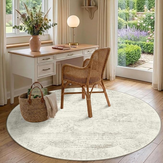 Latte&Fog Vintage 6ft Round Area Rug, Washable Low Pile Non Slip Ivory Neutral - Image 4