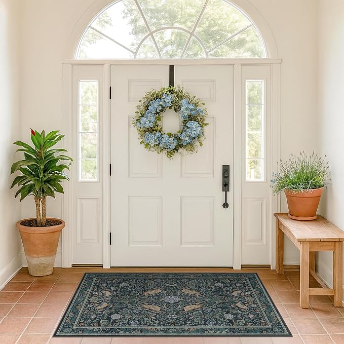 Vintage Large Entryway Rugs Indoor, 3x5 Washable Blue and Green Floral Rugs - Image 3