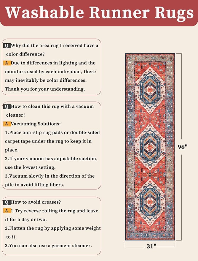 SERISSA Runner Rug for Hallways, Vintage Rust Ultra Soft Print Distressed - Image 6