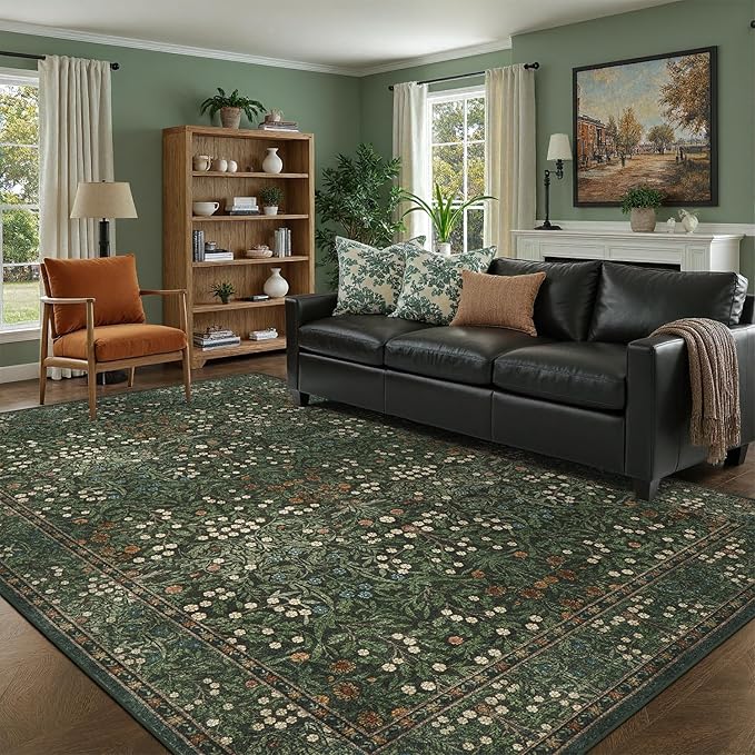 DCX Green Area Rug 9x12, Machine Washable Non Slip Stain Resistant Soft Vintage by DCXWashableRug