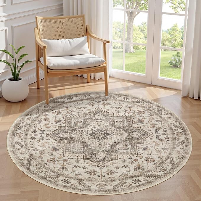 5ft Round Vintage Living Room Area Rug by COTILED