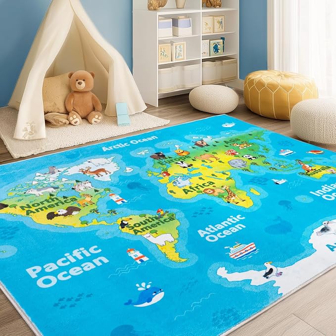 Kids Playroom Rug, 5x7ft World Map Play Mat by OHDS