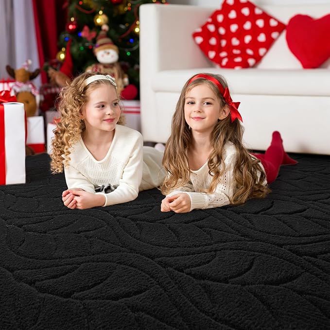6x9 Black Washable Area Rug for Bedroom Living Room, Leaf Geometric Patter Shag - Image 3