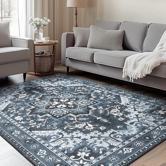 Rugflix 4x6 Area Rugs Machine Washable, Dark Navy Blue Carpet by RugflixAreaRugs