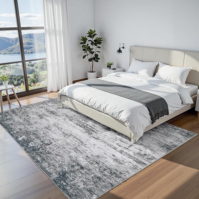 Area Rug 5x7 Living Room Rug Washable: No-Slip Abstract Soft Thin Large Gray - Image 3