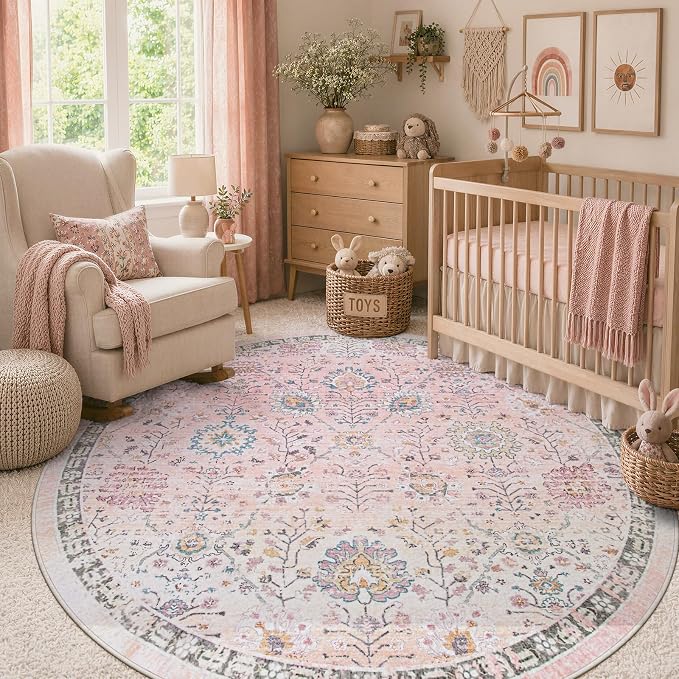 Lahome Girls Bedroom Pink Round Rug 6ft, Soft Washable Floral Circle Rug by Lahome