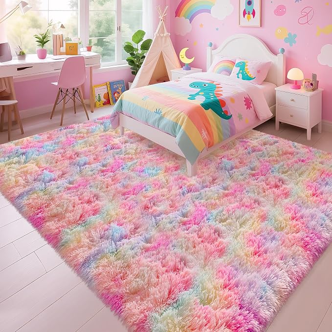 Soft Fluffy Area Rug 8x10 Plush Rainbow Rugs - Image 3