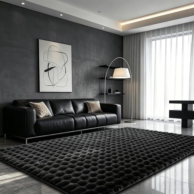 Black Rabbit Plush Rug 4'x6', Fluffy Shaggy Area Rug by CHOVY
