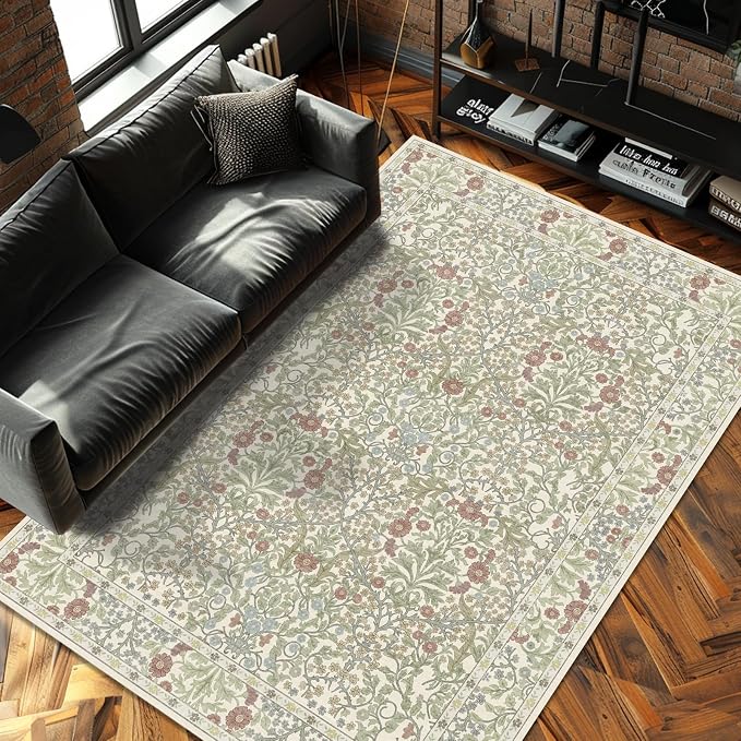 Vintage Light Green Living Room Rug, 6x9 Washable Area Rugs - Image 2