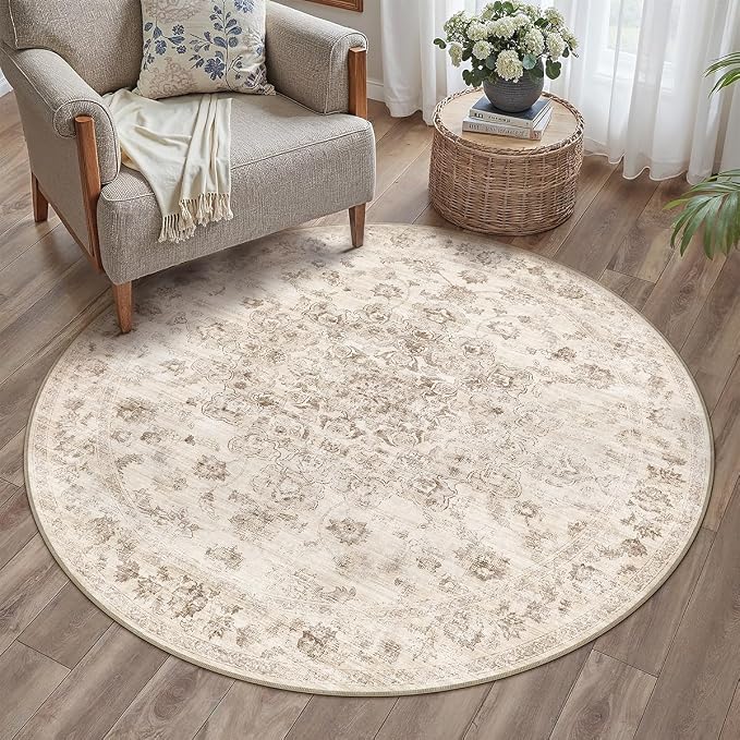 3x3 Washable Neutral Round Rug Beige Vintage Entryway Kitchen Cirlce Rug - Image 3