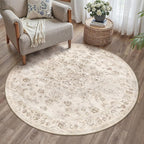 3x3 Washable Neutral Round Rug Beige Vintage Entryway Kitchen Cirlce Rug - Image 3
