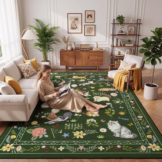 Unirea 6x9 Dark Green Cat Area Rug by UNIREA