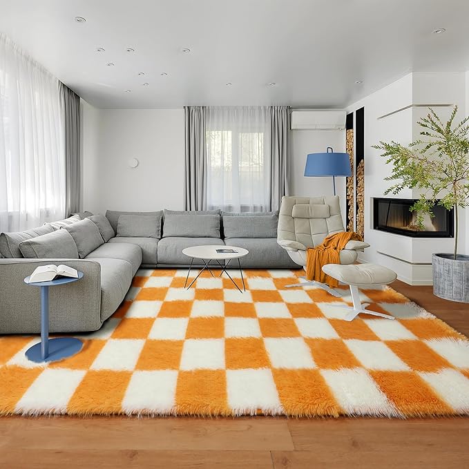 KICMOR Soft Fluffy 5x8 Orange and Cream White Rugs Living Room Carpets - Image 6