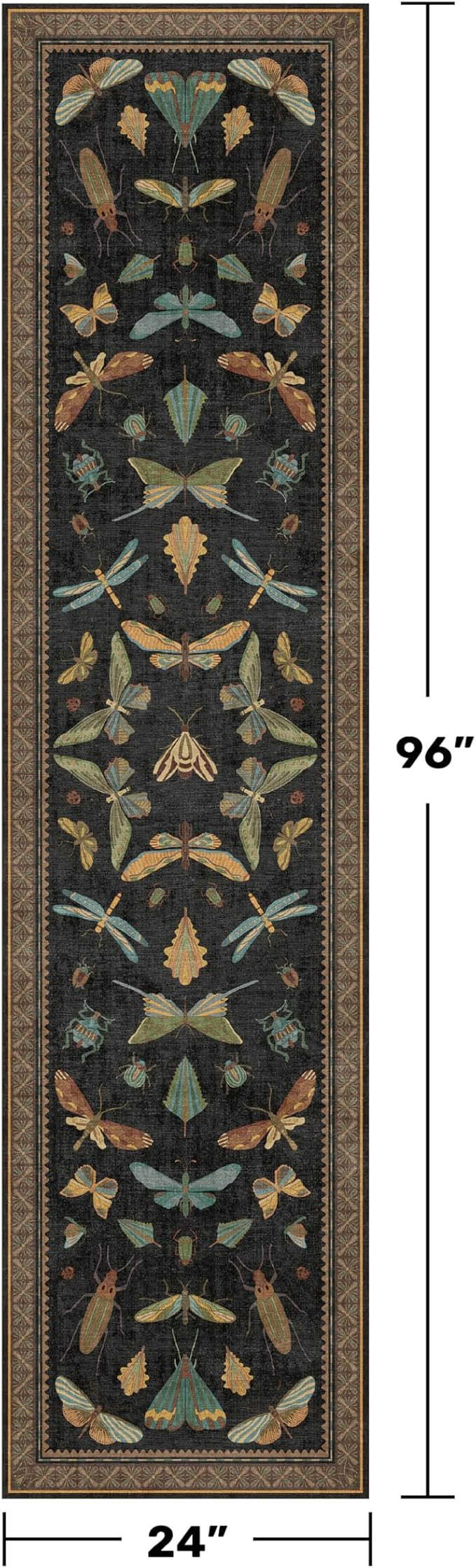 Vintage Insect 2x8 Black Entryway Runner Rug, Washable Non Slip Runners - Image 2