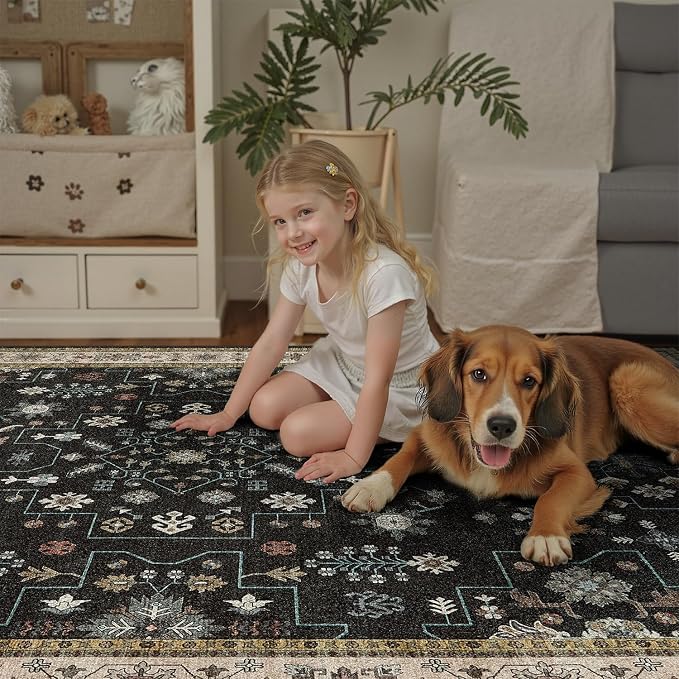 DCX Black Boho 5x7 Area Rugs, Machine Washable Non Slip Geometric Floral Rug - Image 6