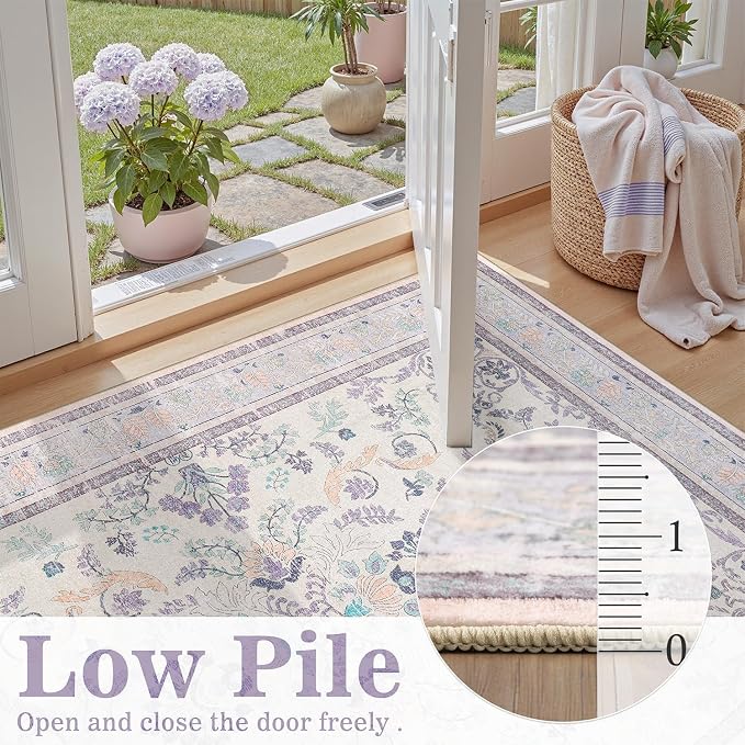 DCX Purple Floral 2x6 Runner Rug, Washable Rug - Image 2