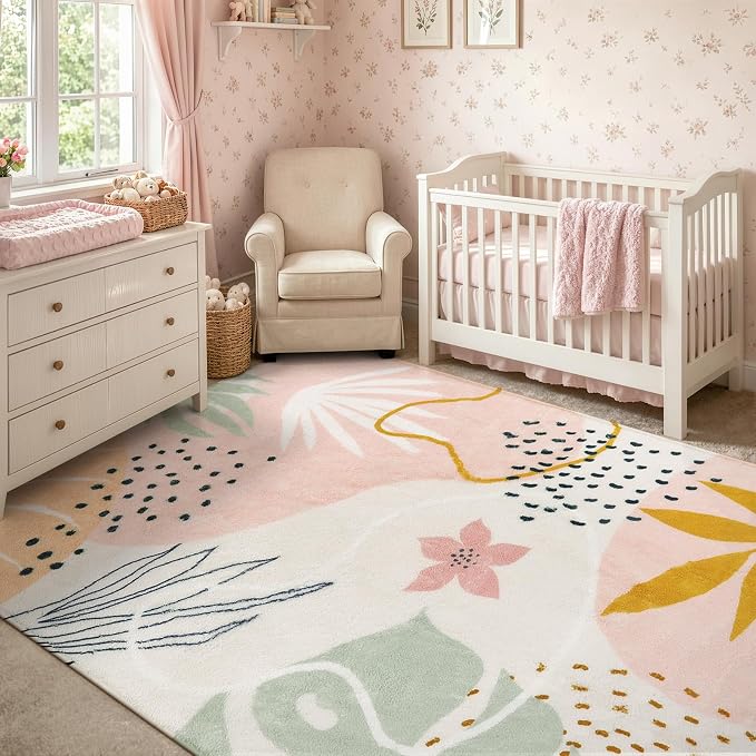 Lahome Pink Boho Bedroom Rug 5x7, Washable Non Slip Soft Botanical Area Rug - Image 2