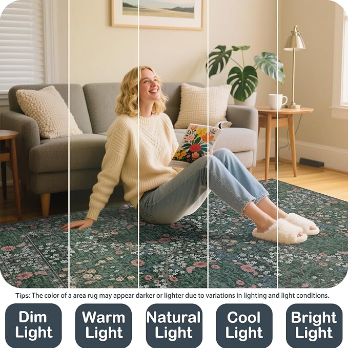 Vintage Green Living Room Rug, 8x10 Washable Area Rugs - Image 5