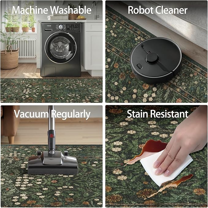 DCX Green 5x7 Area Rug, Machine Washable Non Slip Stain Resistant Soft Vintage - Image 2