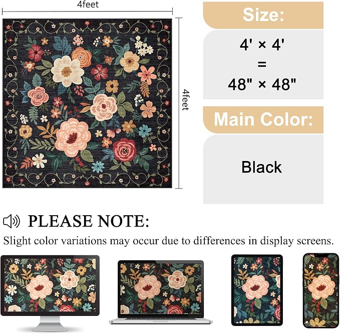 DUKINO 4x4 Square Area Rug, Floral Indoor Floor Washable Entryway Rug - Image 2