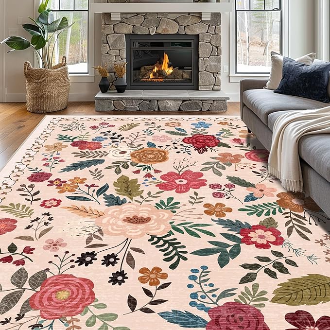 9x12 Area Rugs for Living Room Clearance Washable Boho Area Rug, Vintage Floral - Image 2