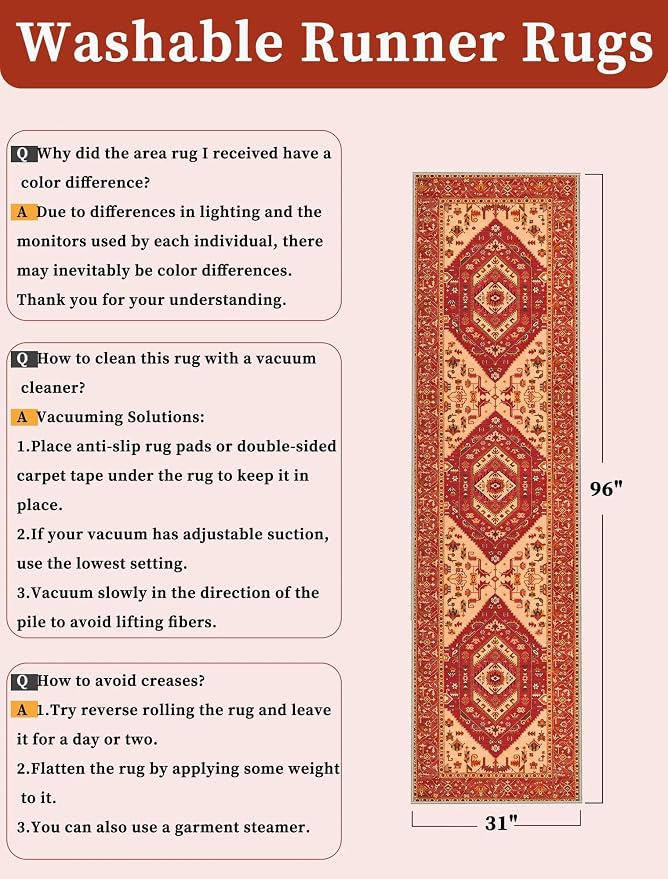 SERISSA Runner Rug for Hallways, Long Boho Rug Vintage Red Hallway Stair Ultra - Image 2
