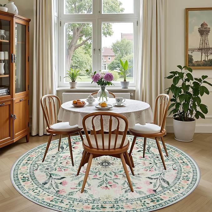 Round Area Rug for Living Room: 6 ft Floral Washable Circle Rug Soft Non-Slip - Image 4