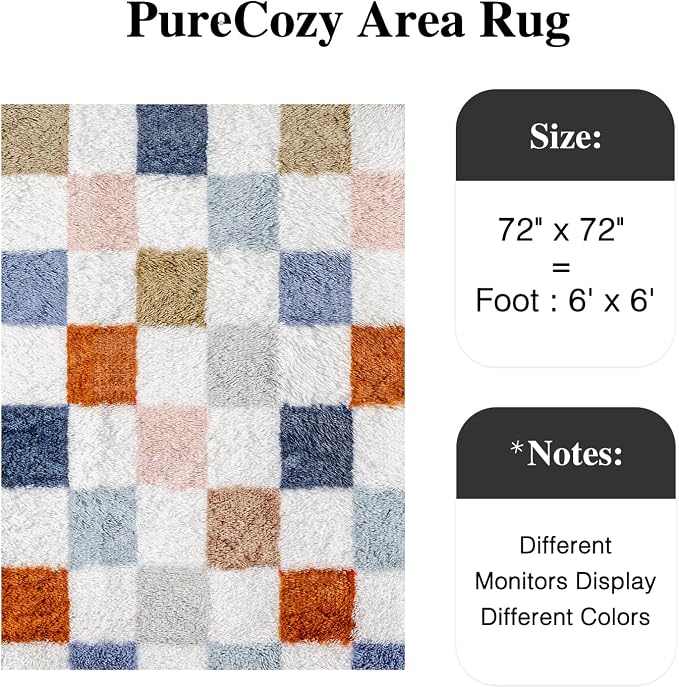 PureCozy Checkered Rug 6x6 for Living Room, Modern Rainbow Shag Super Soft - Image 3