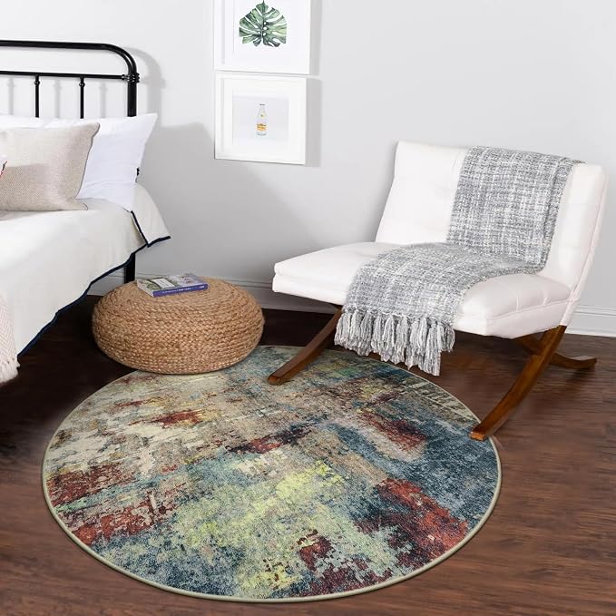 Lahome Modern Abstract Round Rug - 3Ft Small Red Washable Kitchen Round Area - Image 2