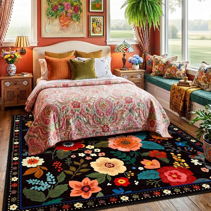 RELEANY Floral Square 6ft Area Rugs Washable Print Boho Cute Carpet Non Slip - Image 6