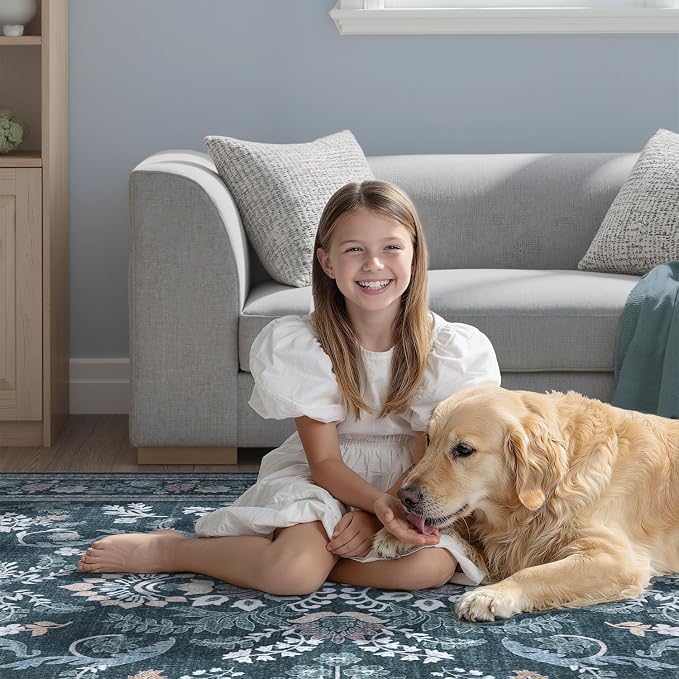 DCX Navy Blue 5x7 Area Rug, Machine Washable Non Slip Stain Resistant Soft - Image 2