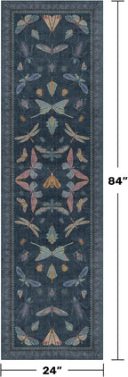2x7 Navy Blue Bathroom Runner Rug, Washable Vintage Insect Carpet - Image 2