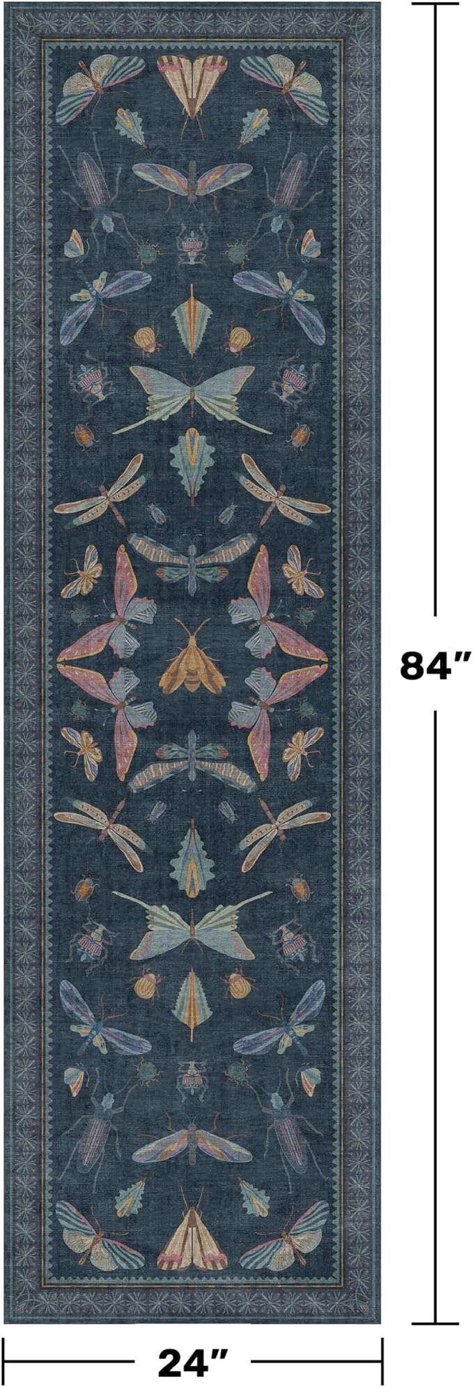 2x7 Navy Blue Bathroom Runner Rug, Washable Vintage Insect Carpet - Image 2