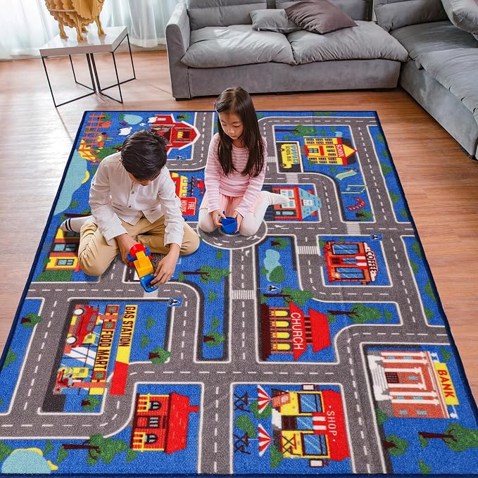 Kids Carpet Playmat Rug 59"x39.4", Car Rug by AKASISRUG