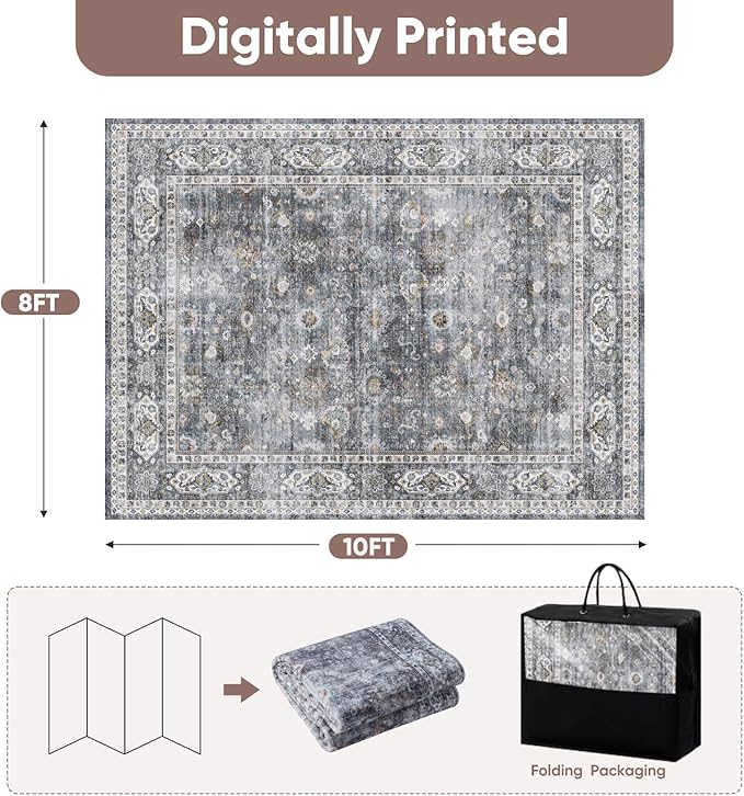 Rugcomf 8x10 Rug Washable Boho Soft Large Area Rug Non-Slip Faux Wool Vintage - Image 2