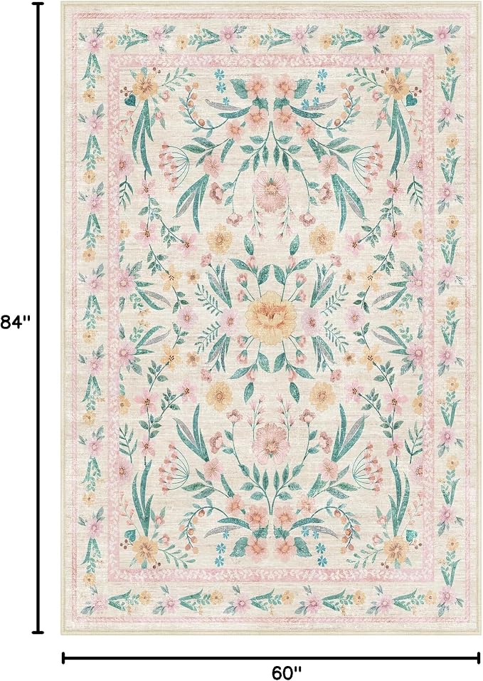 Pink Floral Area Rug 4x6, Washable Non-Slip Soft Carpet - Image 2